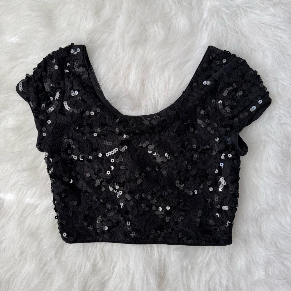 Express Black Sequin Cap Sleeve Sparkly Crop Top